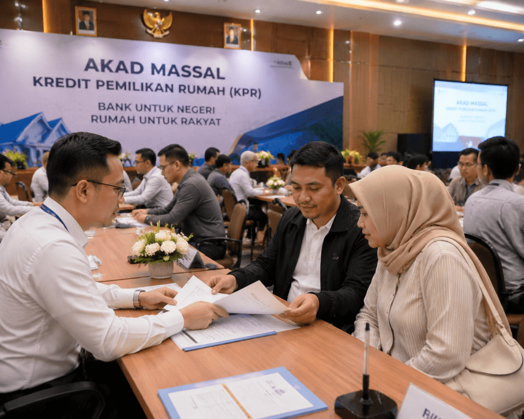 Suasana prosesi akad massal pembiayaan KPR FLPP perumahan subsidi bersama perbankan penyalur.