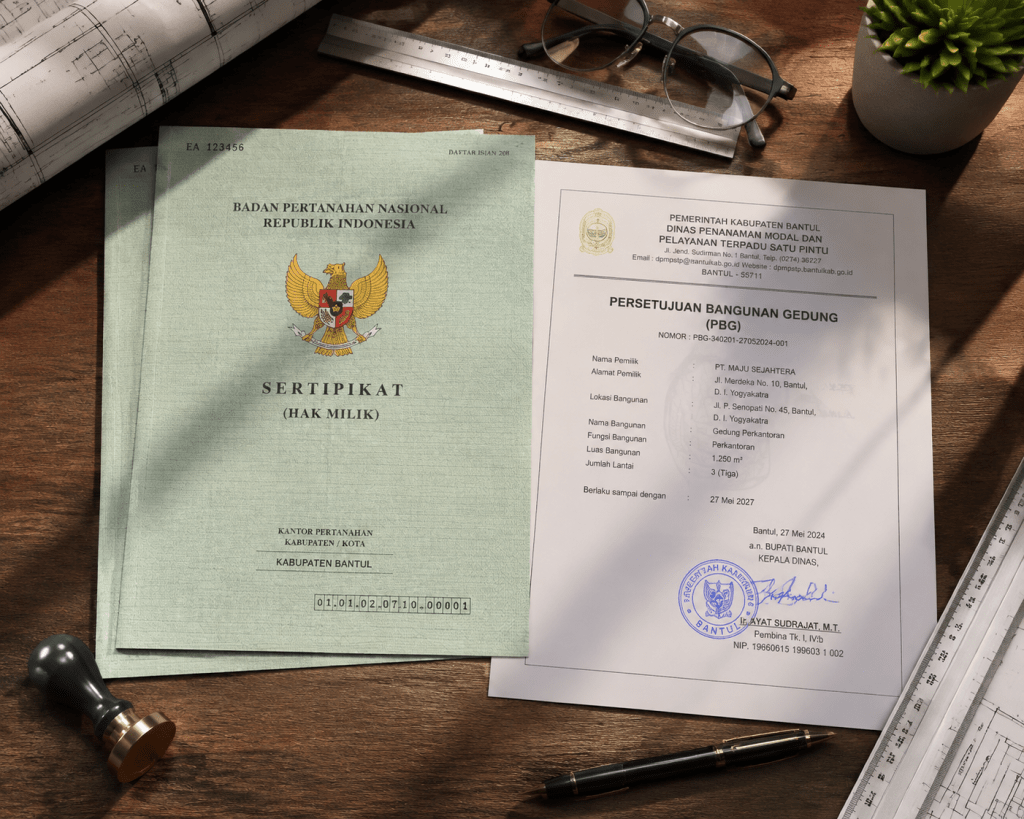 Dokumen legalitas sertifikat tanah dan izin bangunan perumahan subsidi bebas retribusi PBG dan BPHTB.