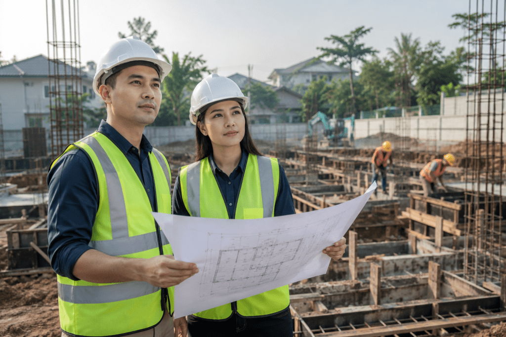 Pengembang perumahan baru bersertifikasi sedang meninjau proyek rumah tapak subsidi di lapangan.