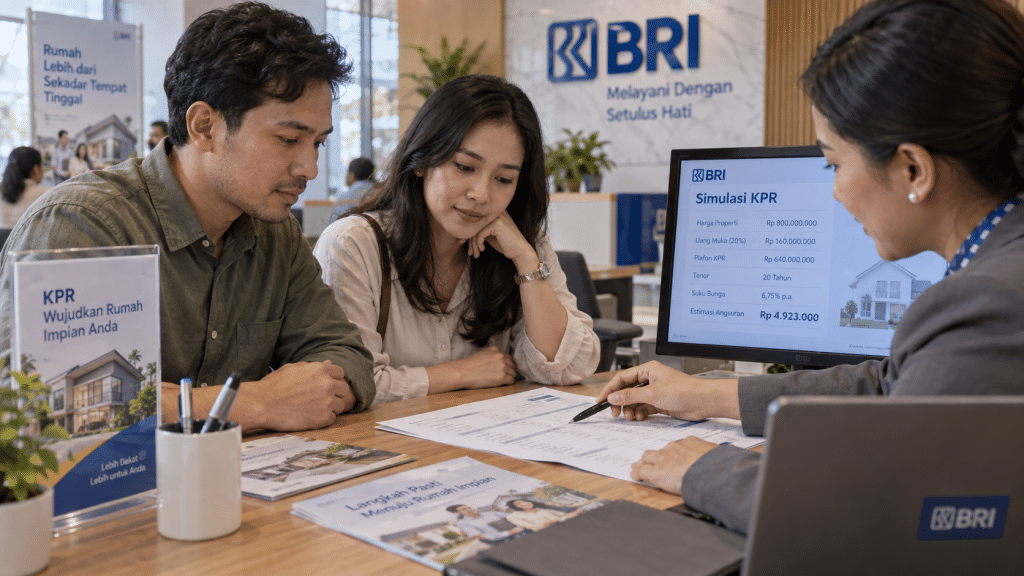 Pembeli rumah pertama berdiskusi mengenai skema akad KPR di meja layanan perbankan.
