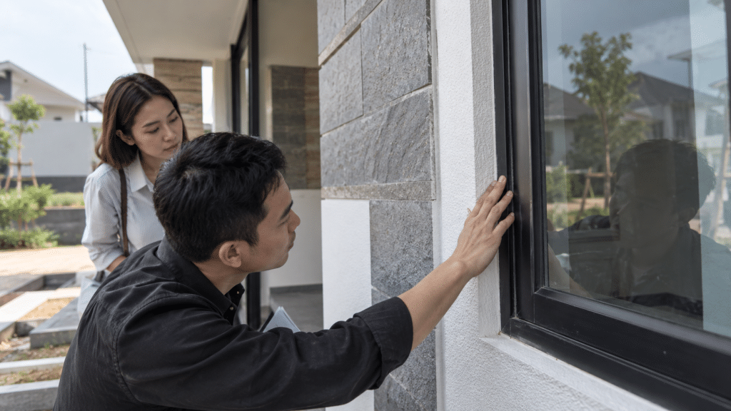 Pembeli memeriksa saluran air dan kualitas dinding saat survei unit rumah di Tangerang.