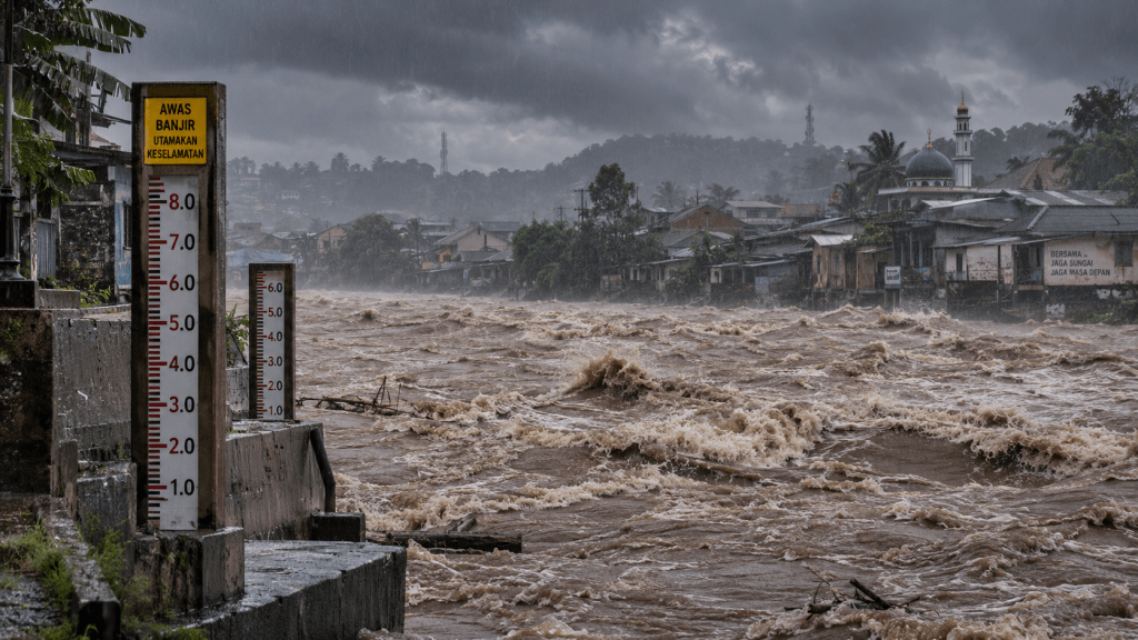 Luapan air sungai di pemukiman dataran rendah menunjukkan tingginya risiko bencana banjir di Indonesia.