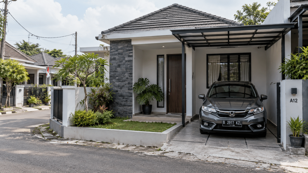 Fasad rumah tapak minimalis tipe 36 siap huni di kawasan permukiman Tangerang.