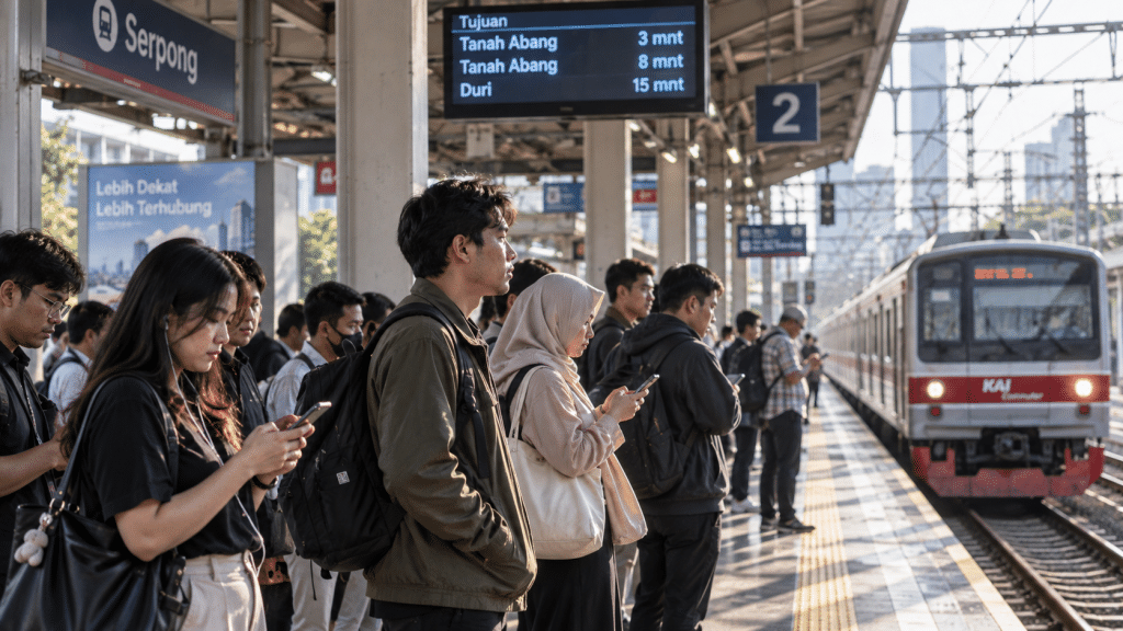 Suasana mobilitas komuter di stasiun kereta dekat kawasan hunian Tangerang.