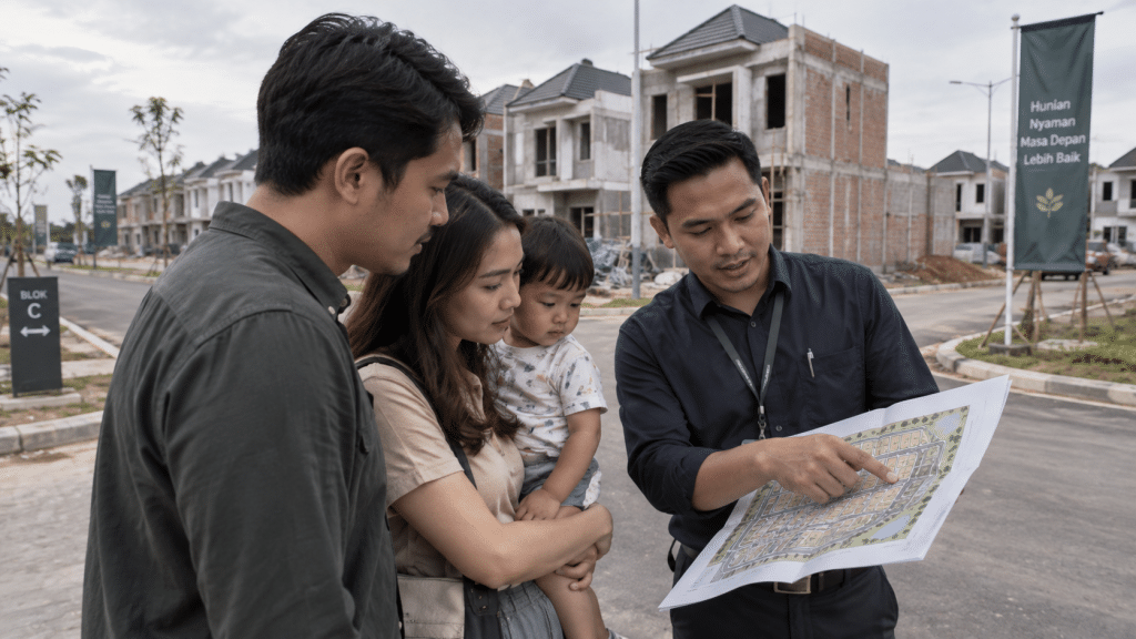 Calon pembeli memeriksa peta kawasan dan unit rumah dalam survei lokasi di Tangerang.
