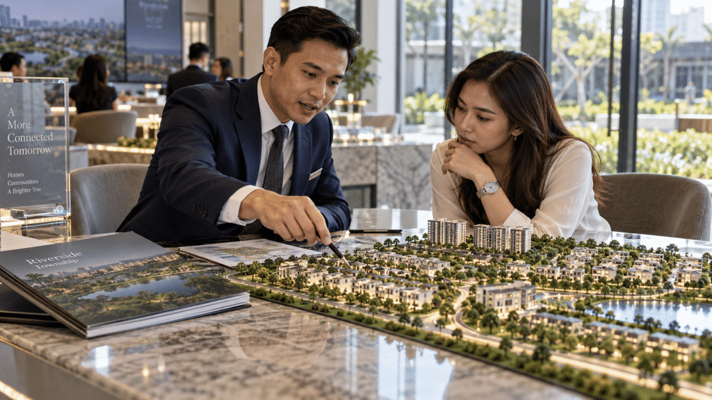 Pertemuan konsultasi antara penasihat investasi properti dan investor di galeri pemasaran perumahan tapak.