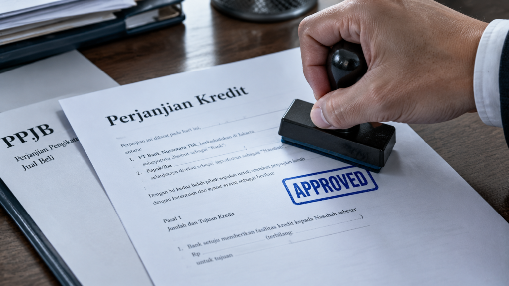Tangan seorang pejabat bank membubuhkan stempel persetujuan pada dokumen perjanjian kredit KPR yang dilampiri dokumen PPJB sementara.