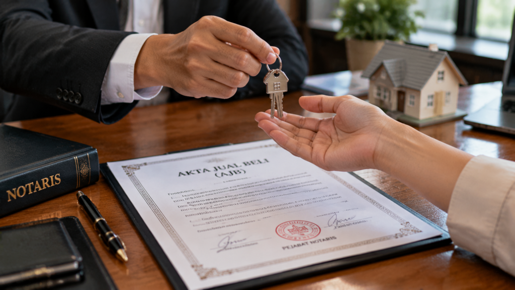 Momen serah terima kunci rumah baru dari developer kepada pembeli di atas meja notaris setelah dokumen Akta Jual Beli (AJB) resmi ditandatangani.