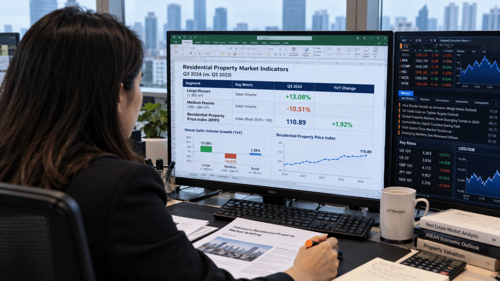 Monitor terminal kerja analis pasar properti menampilkan ringkasan data pertumbuhan penjualan residensial primer kuartal II 2026.