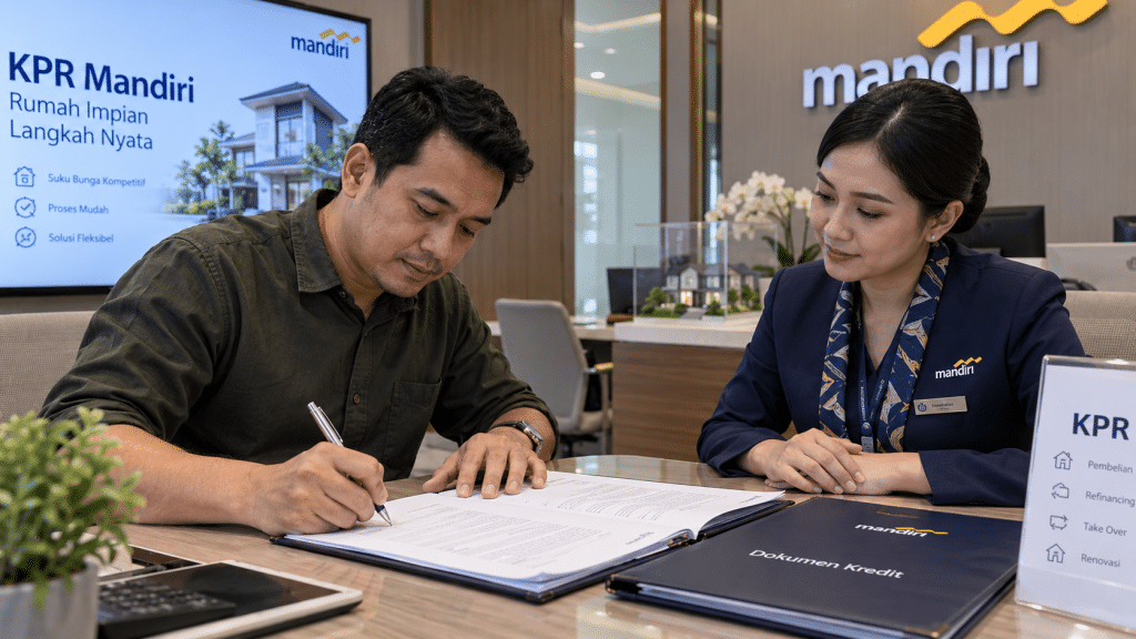 Proses penandatanganan berkas akad KPR dan dokumen insentif pajak properti PPN DTP di kantor cabang bank.