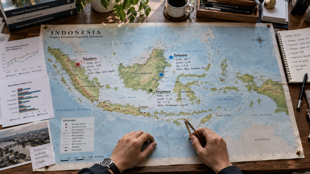 Perencana tata kota meninjau peta sebaran indeks harga properti 18 kota Indonesia pada meja perencana arsitektur.