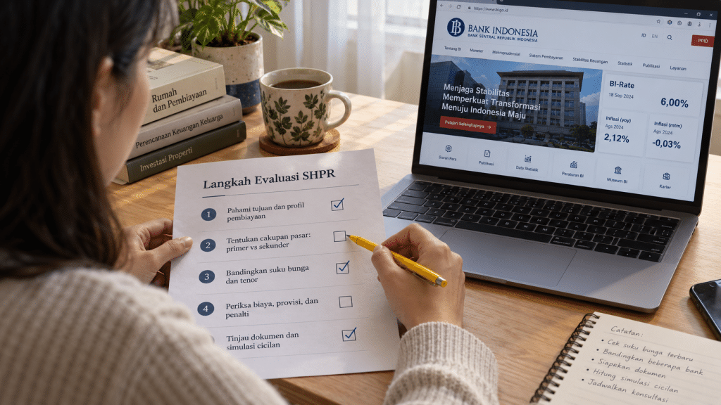 Pembeli rumah menelaah panduan daftar periksa lima langkah evaluasi laporan SHPR di meja belajar rumah.